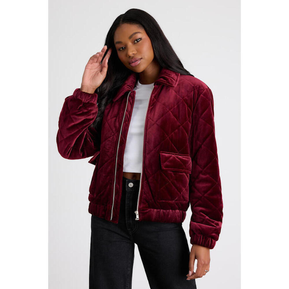 Lulus Fayda Burgundy Velvet Quilted Collared Bomber Jacket - Size S